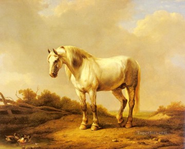 Un étalon blanc dans un paysage Eugene Verboeckhoven cheval Peinture à l'huile